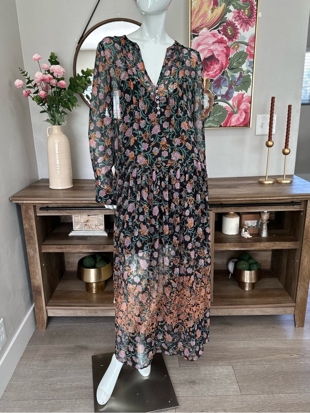 Free People See it Through Maxi Dress
Sz M Black Orange Sheer Floral Print
Boho